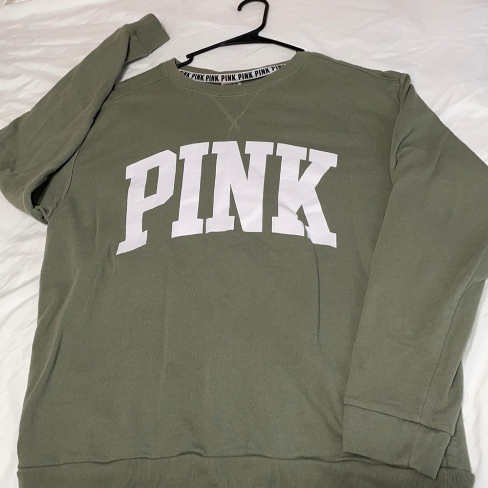 Victoria’s Secret pink sweatshirt in olive green